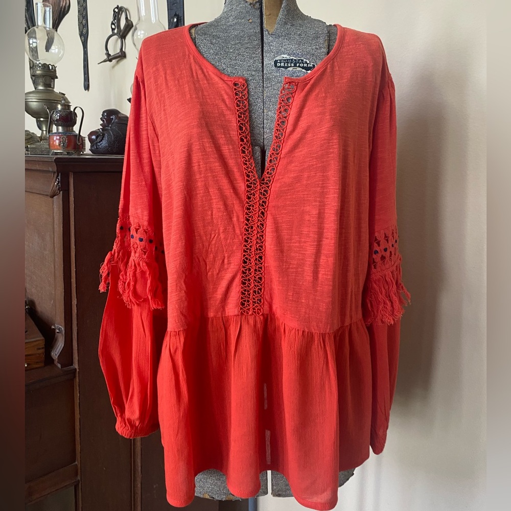 Lucky Brand Dark Coral Flowy Mid Crop Top Illusion Fringe Shirt Top NWT